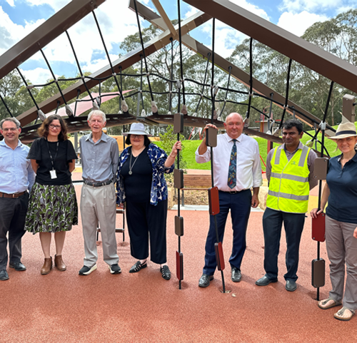 L-R David De-Fina, Katie Leung, Warwick Gemmell, Councillor Janelle McIntosh, Mayor Warren Waddell, Amay Cascar, Councillor Monika Ball