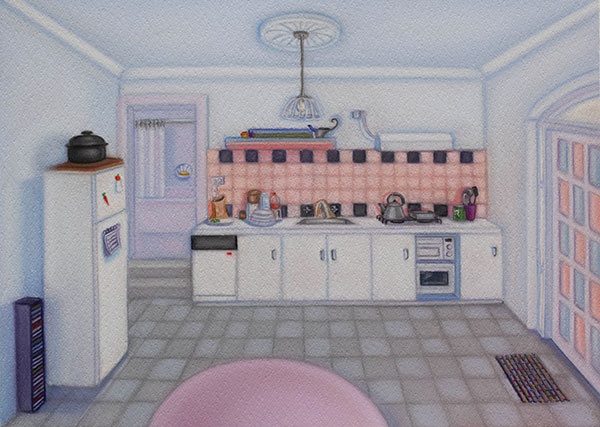 Lucy O’Doherty, 80s kitchen with CD rack, carrot magnet and unfinished peas, soft pastel on paper