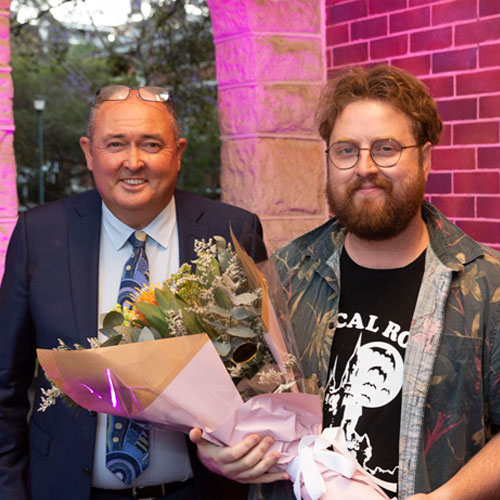 Hornsby Shire Mayor Warren Waddell with Hornsby Art Prize 2024 winner Dave Snook